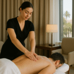 Masajista profesional realizando un masaje relajante a un huésped en una habitación de hotel en Valencia, con luz natural y ambiente acogedor