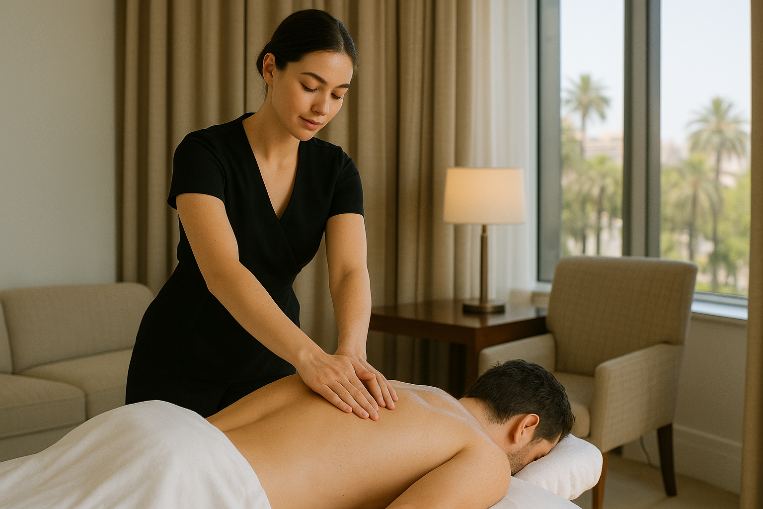 Masajista profesional realizando un masaje relajante a un huésped en una habitación de hotel en Valencia, con luz natural y ambiente acogedor